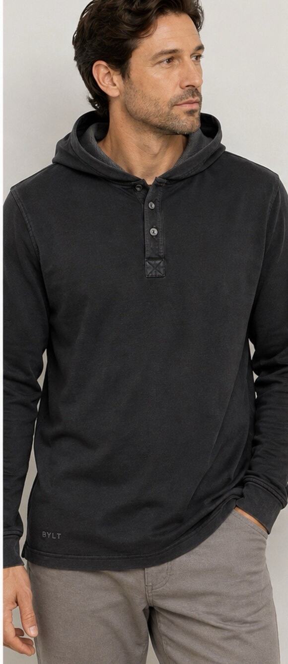 BYLT Men’s Black Hooded Henley Pullover Long Sleeve Performance Hoodie XL